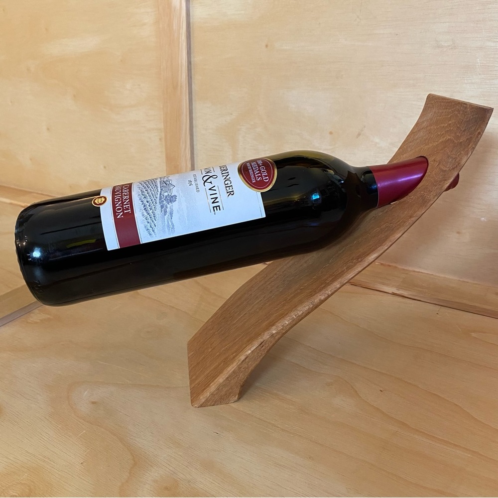 Curved Sleek Sculptural Modern Carved Wood Counter Balance Wine Bottle‎ Holder
